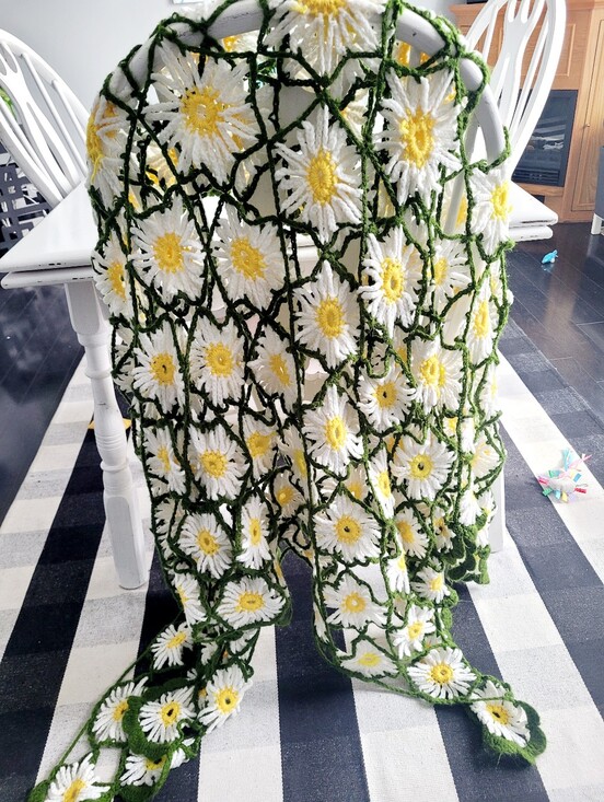 Handmade Other - Handmade Crochet Daisy Throw Blanket Afghan White Yellow Green 4x5 Ft